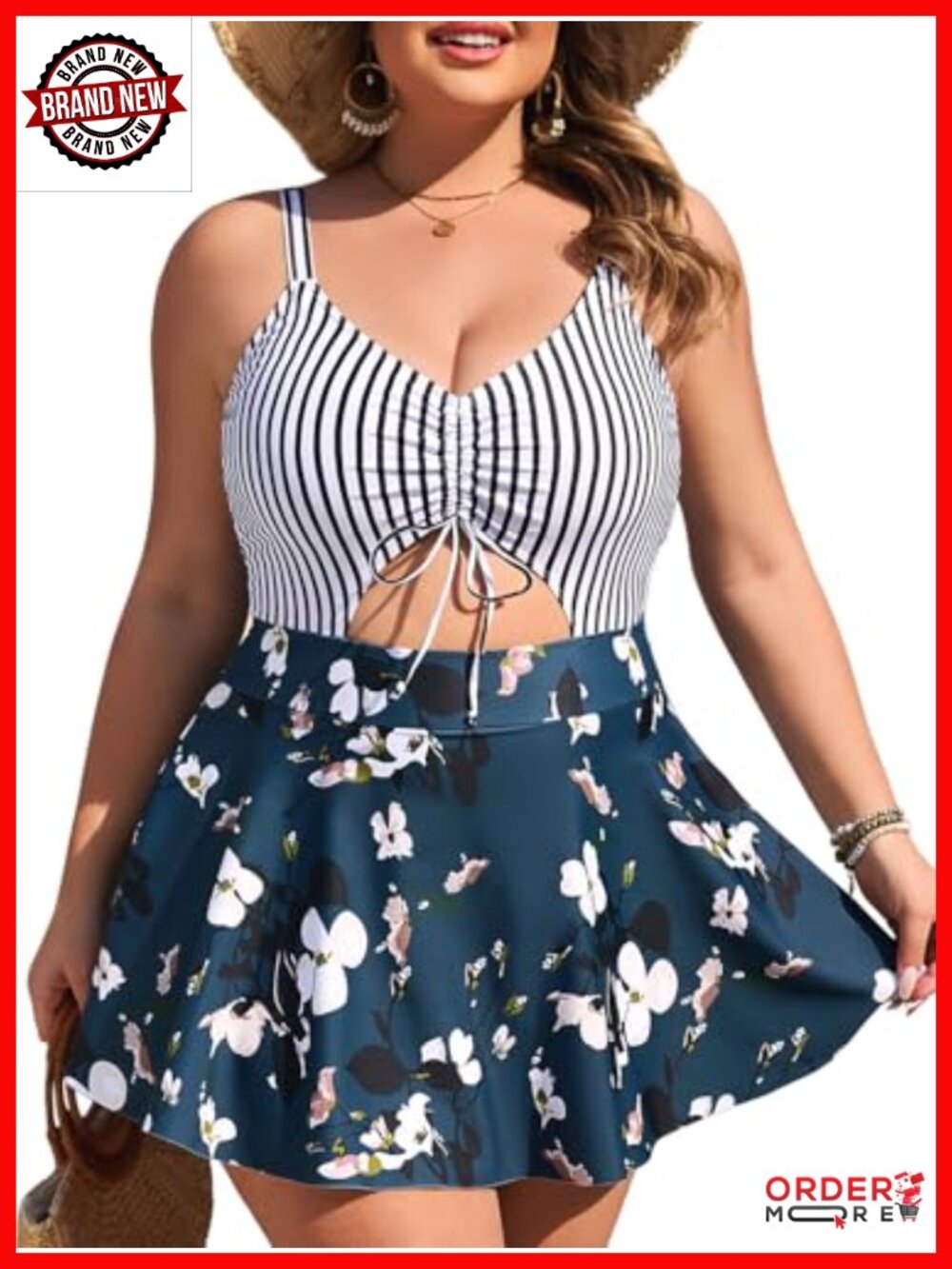 Plus Size One Piece Swim Dress Cutout V-Neck Bathing Suit with Skirt